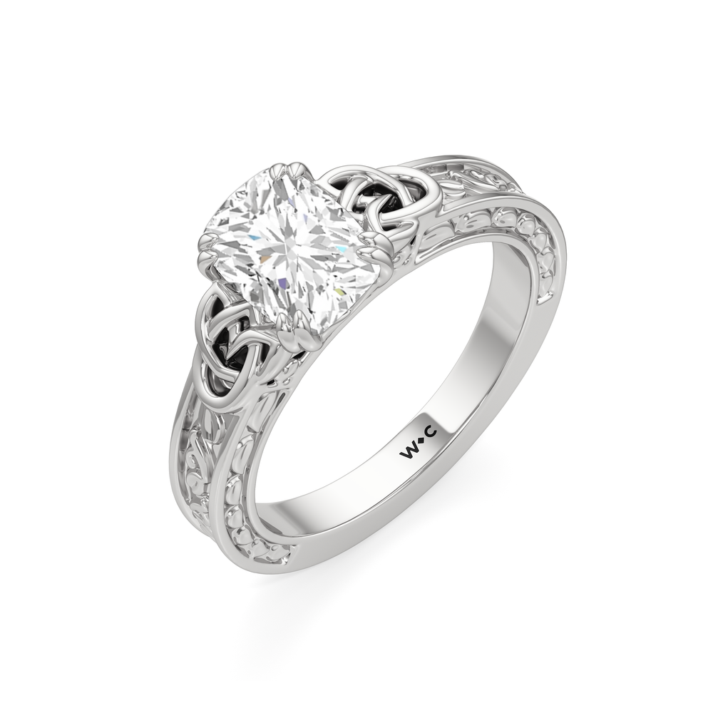Elongated Cushion Cut Vintage Celtic Engraved Engagement Ring with Lab Grown Diamond in 14KT Platinum view 4