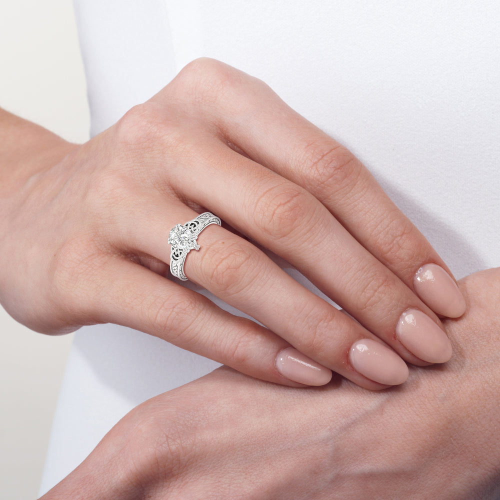 Model Wearing Vintage Celtic Engraved Engagement Ring with Lab Grown Diamond view