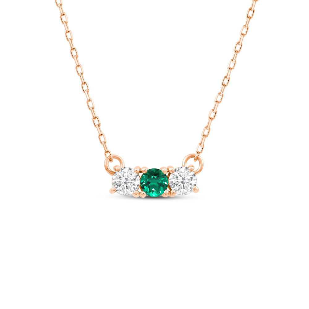 Emerald and Diamond Dainty Three Stone Necklace with 14KT Rose Gold Cut Diamond in 14KT Rose Gold view 1