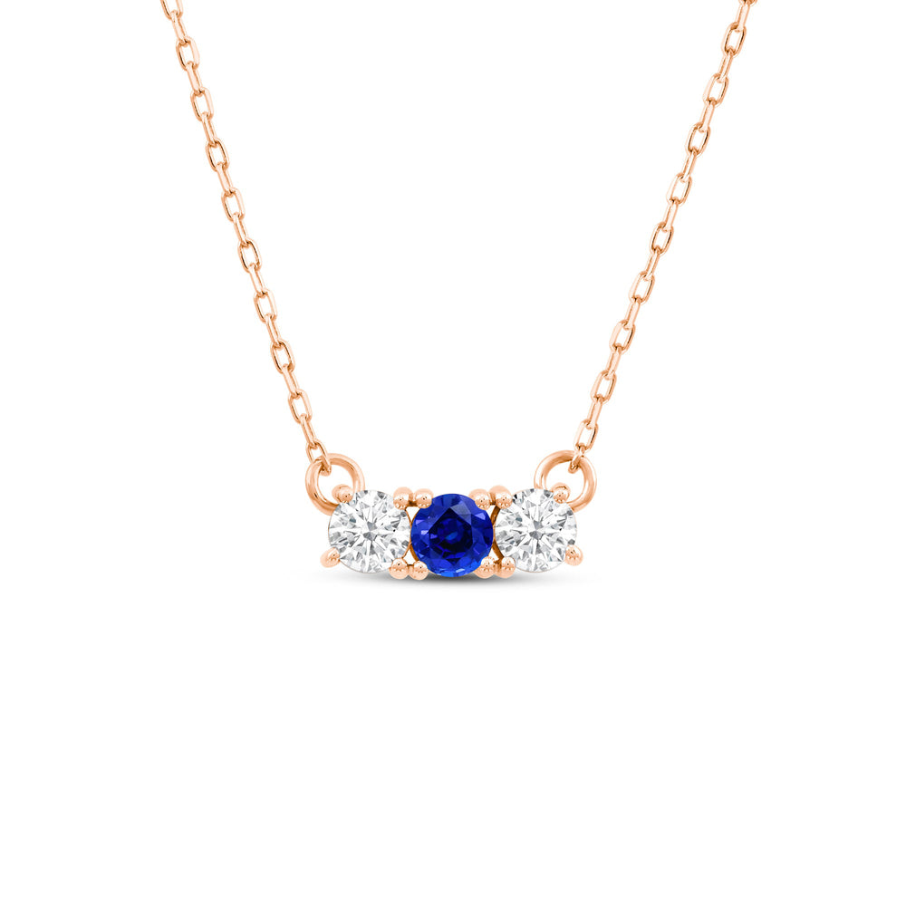 Sapphire and Diamond Dainty Three Stone Necklace with 14KT Rose Gold Cut Diamond in 14KT Rose Gold view 1