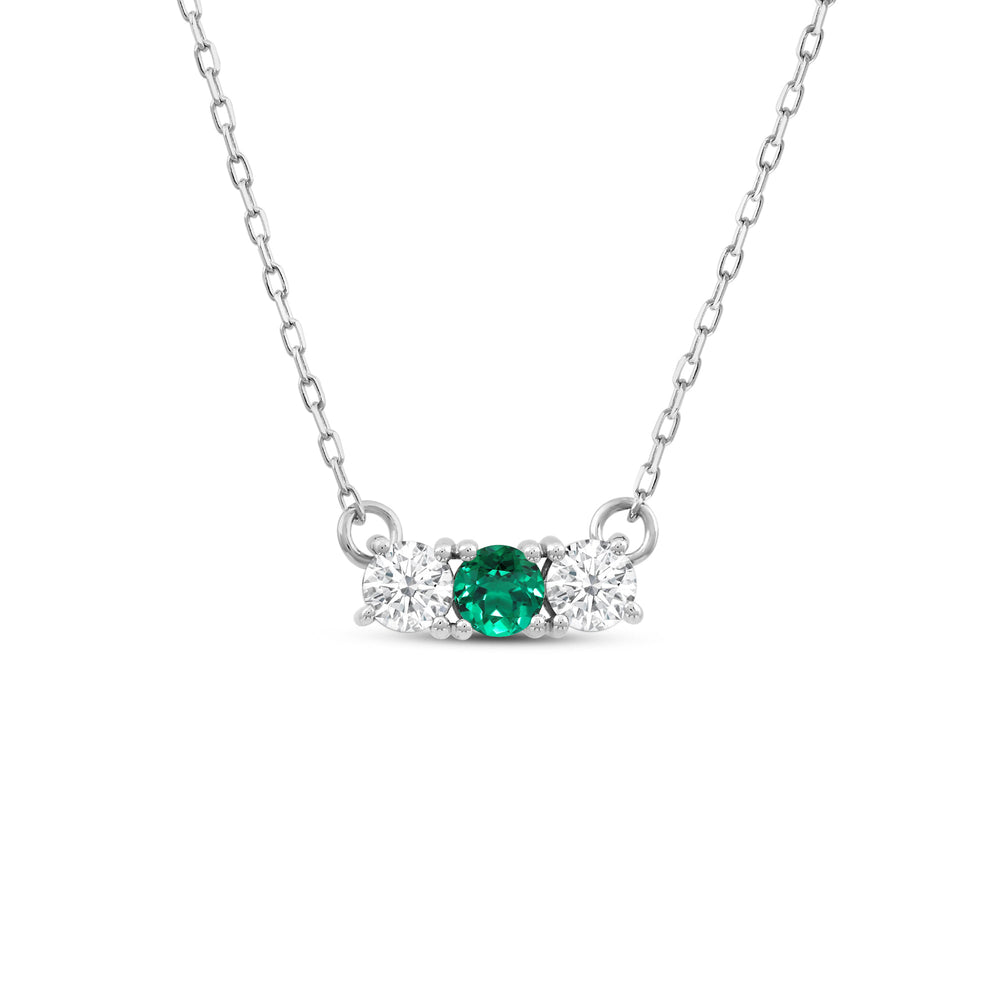 Emerald and Diamond Dainty Three Stone Necklace with 14KT White Gold Cut Diamond in 14KT White Gold view 1