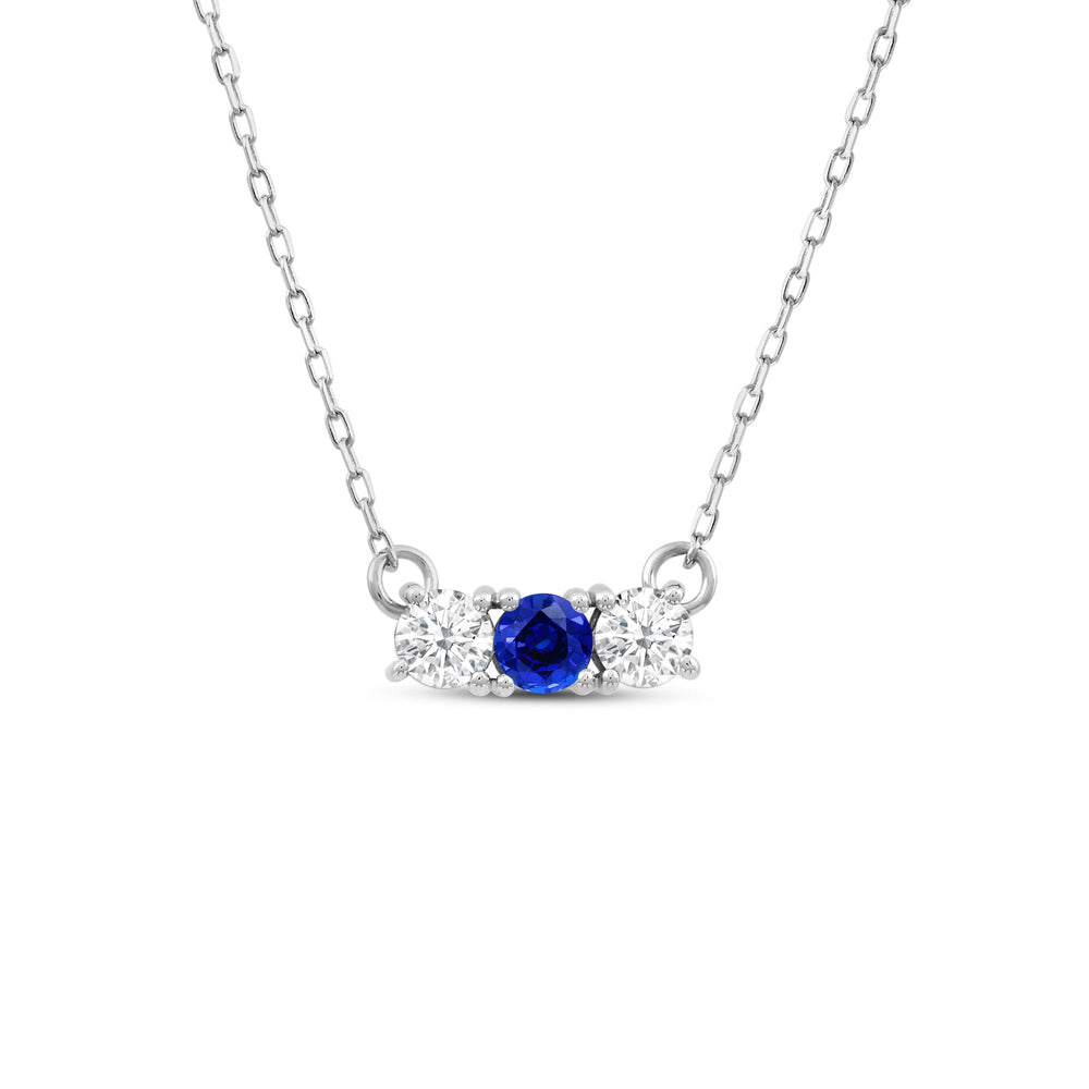 Sapphire and Diamond Dainty Three Stone Necklace with 14KT White Gold Cut Diamond in 14KT White Gold view 1