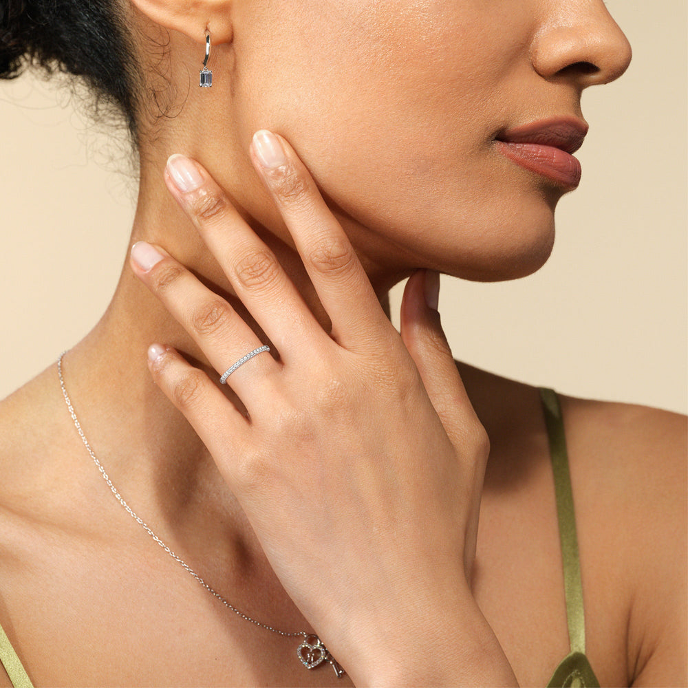 Model Wearing Arc Hidden Halo Diamond Wedding Band view