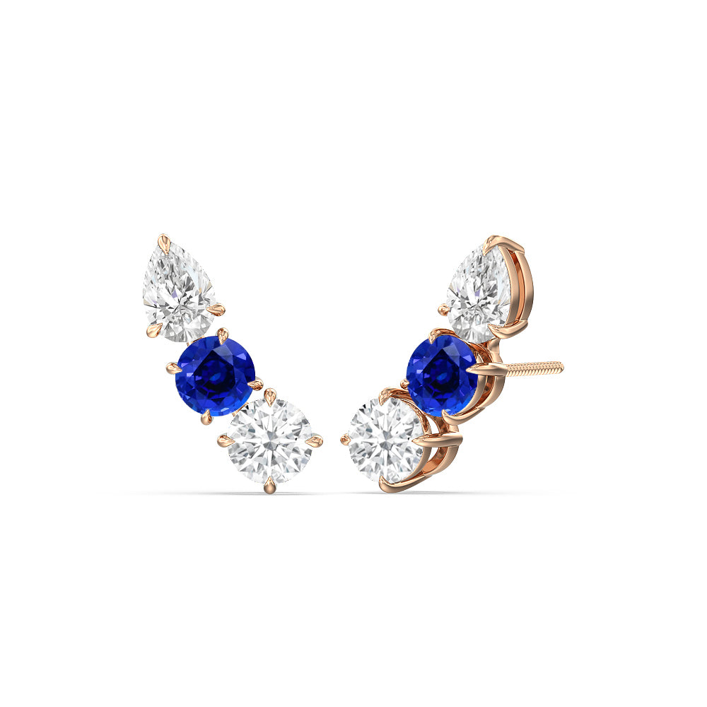 Trilogy Round and Pear Diamond And Created Sapphire Climber Earrings with 14KT Rose Gold Cut Diamond in 14KT Rose Gold view 1