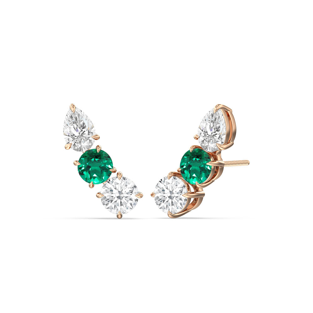 Trilogy Round and Pear Diamond And Created Emerald Climber Earrings with 14KT Rose Gold Cut Diamond in 14KT Rose Gold view 1