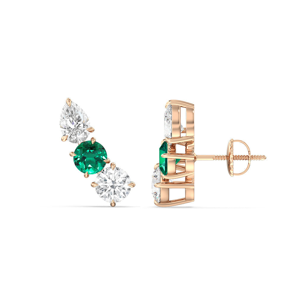 Trilogy Round and Pear Diamond And Created Emerald Climber Earrings with 14KT Rose Gold Cut Diamond in 14KT Rose Gold view 2