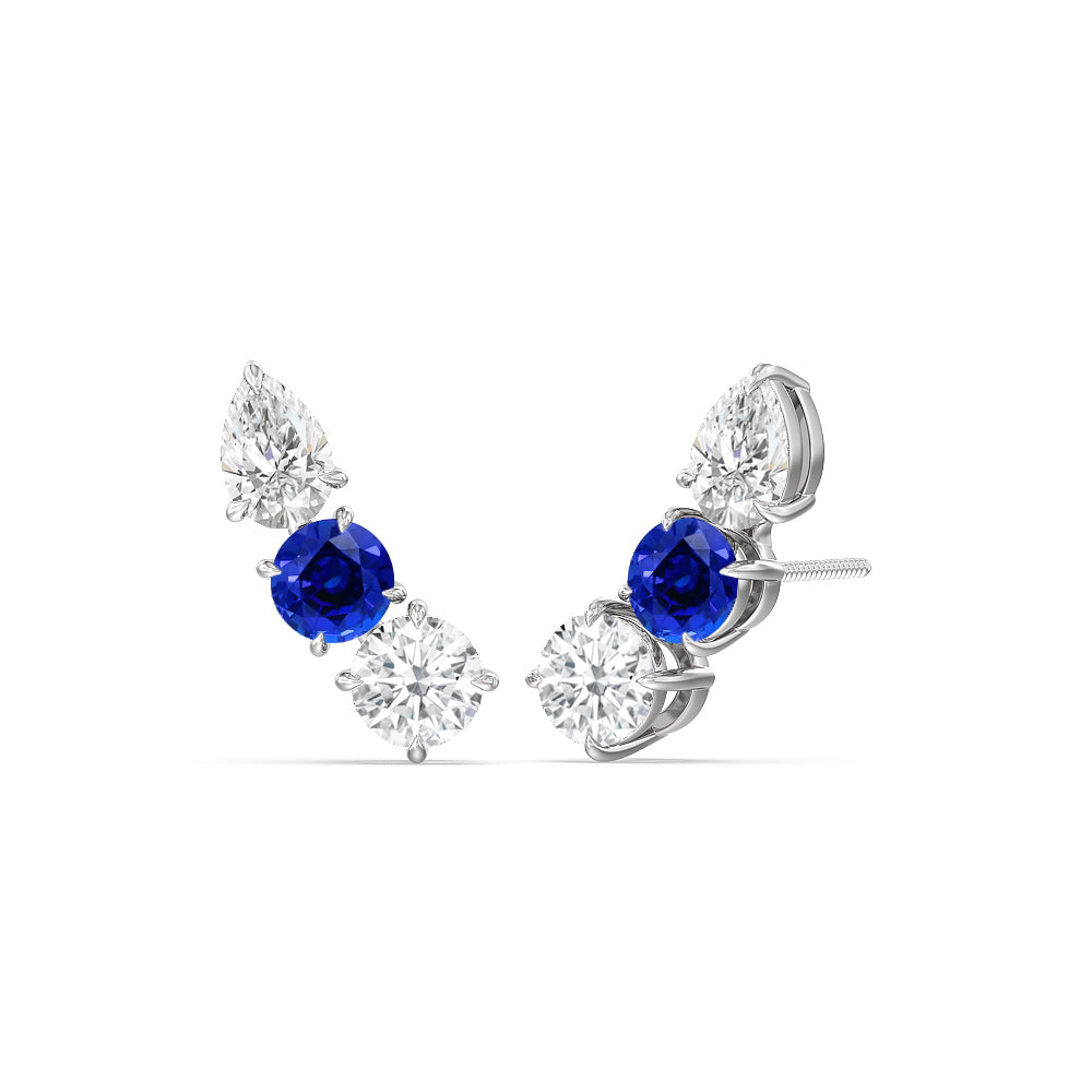 Trilogy Round and Pear Diamond And Created Sapphire Climber Earrings with 14KT White Gold Cut Diamond in 14KT White Gold view 1