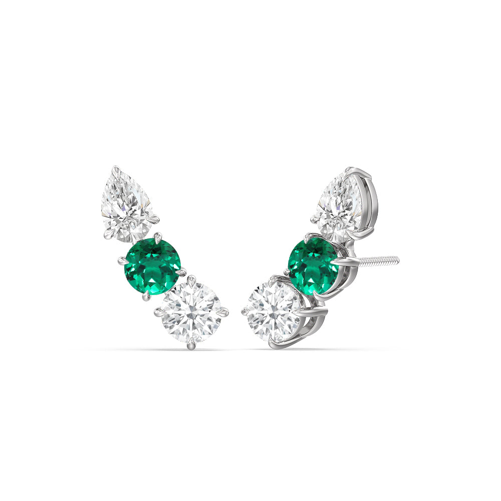 Trilogy Round and Pear Diamond And Created Emerald Climber Earrings with 14KT White Gold Cut Diamond in 14KT White Gold view 1