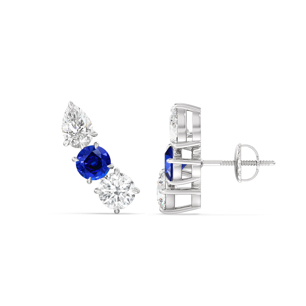 Trilogy Round and Pear Diamond And Created Sapphire Climber Earrings with 14KT White Gold Cut Diamond in 14KT White Gold view 2