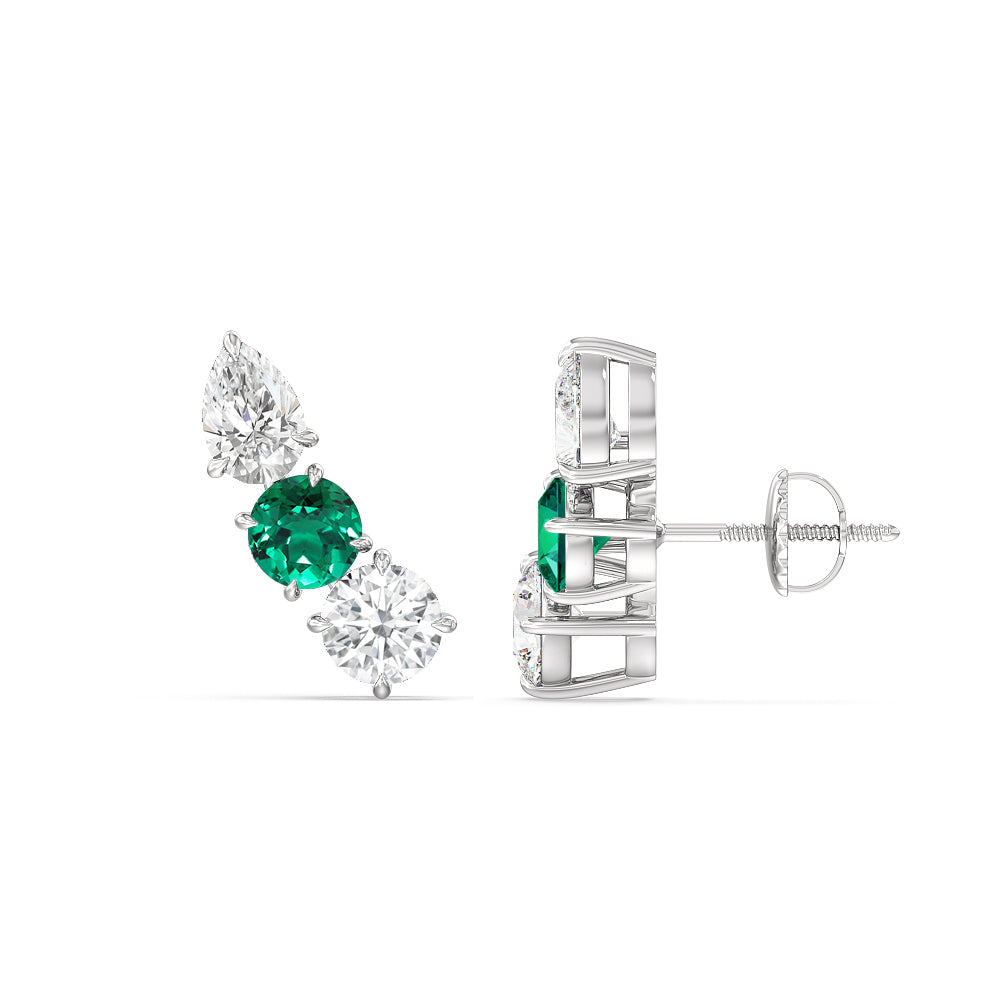 Trilogy Round and Pear Diamond And Created Emerald Climber Earrings with 14KT White Gold Cut Diamond in 14KT White Gold view 2