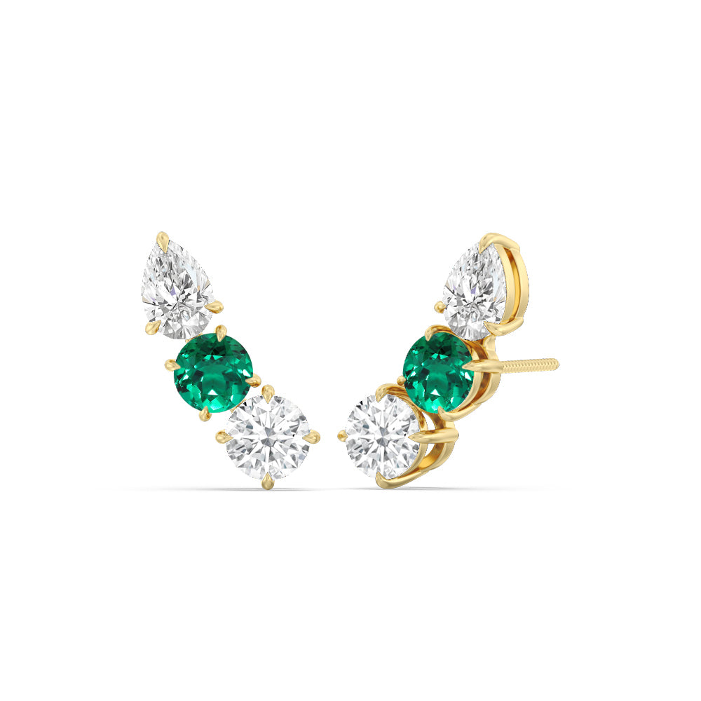 Trilogy Round and Pear Diamond And Created Emerald Climber Earrings with 14KT Yellow Gold Cut Diamond in 14KT Yellow Gold view 1
