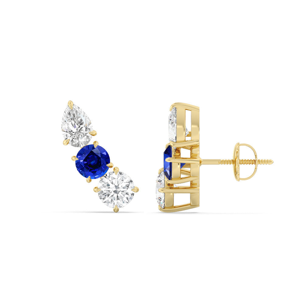 Trilogy Round and Pear Diamond And Created Sapphire Climber Earrings with 14KT Yellow Gold Cut Diamond in 14KT Yellow Gold view 2