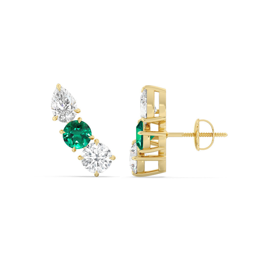 Trilogy Round and Pear Diamond And Created Emerald Climber Earrings with 14KT Yellow Gold Cut Diamond in 14KT Yellow Gold view 2