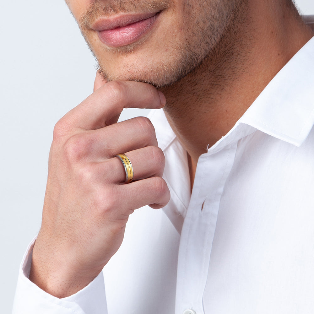 Two Tone Rounded Edge Men's Band with 18KT Yellow & White Gold / 6 Cut Diamond in 14KT Yellow & White Gold / 6 view 3
