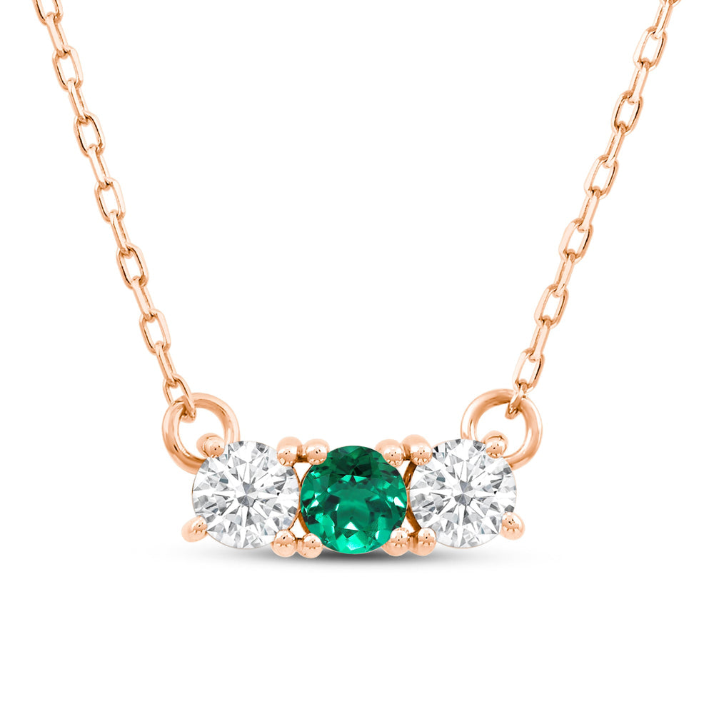 Emerald and Diamond Dainty Three Stone Necklace with 14KT Rose Gold Cut Diamond in 14KT Rose Gold view 2