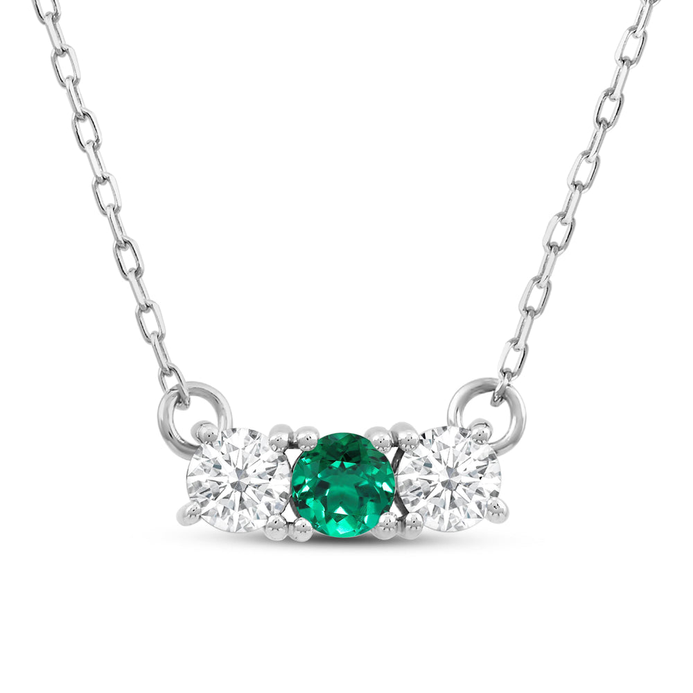 Emerald and Diamond Dainty Three Stone Necklace with 14KT White Gold Cut Diamond in 14KT White Gold view 2