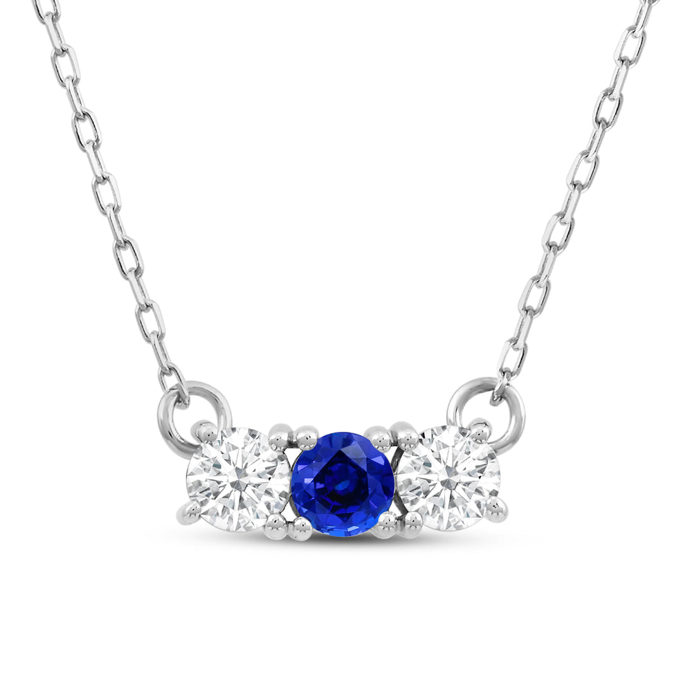 Sapphire and Diamond Dainty Three Stone Necklace with 14KT White Gold Cut Diamond in 14KT White Gold view 2