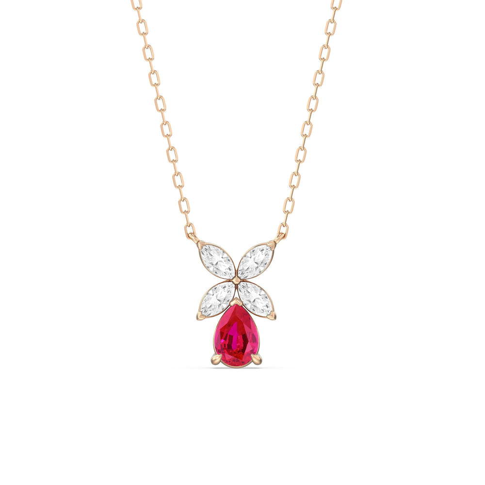 Ruby and Diamond Tulip Drop Necklace with 14KT Rose Gold Cut Diamond in 14KT Rose Gold view 1