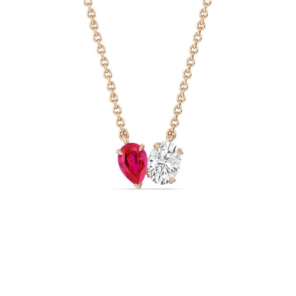 Toi Et Moi Created Ruby Pear and Oval Diamond Necklace with 14KT Rose Gold Cut Diamond in 14KT Rose Gold view 1