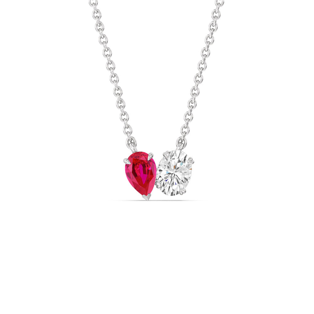 Toi Et Moi Created Ruby Pear and Oval Diamond Necklace with 14KT White Gold Cut Diamond in 14KT White Gold view 1