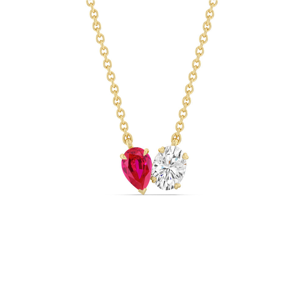 Toi Et Moi Created Ruby Pear and Oval Diamond Necklace with 14KT Yellow Gold Cut Diamond in 14KT Yellow Gold view 1