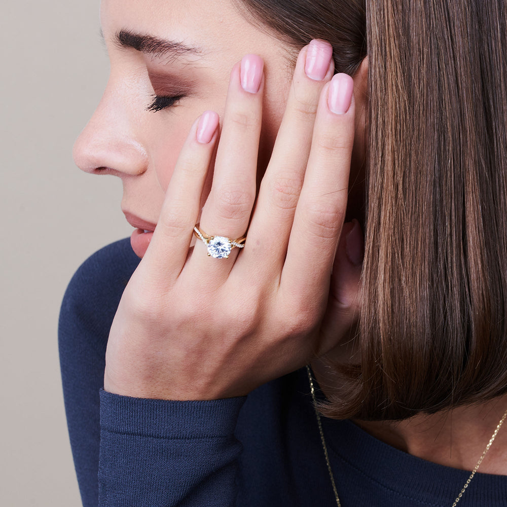Model Wearing Vintage Glamour Ribbon Swirl Engagement Ring with Lab Grown Diamond view