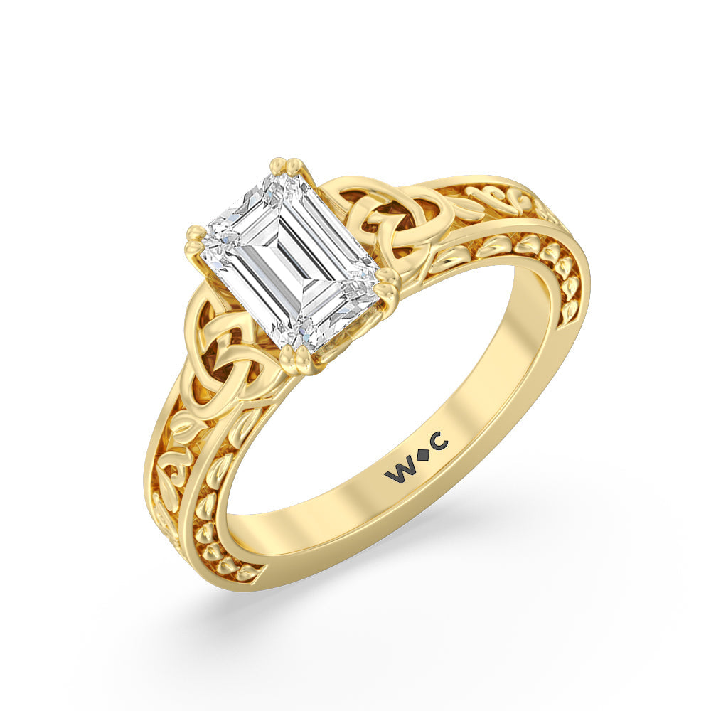 Emerald Cut Vintage Celtic Engraved Engagement Ring with Lab Grown Diamond in 14KT Yellow Gold view 4