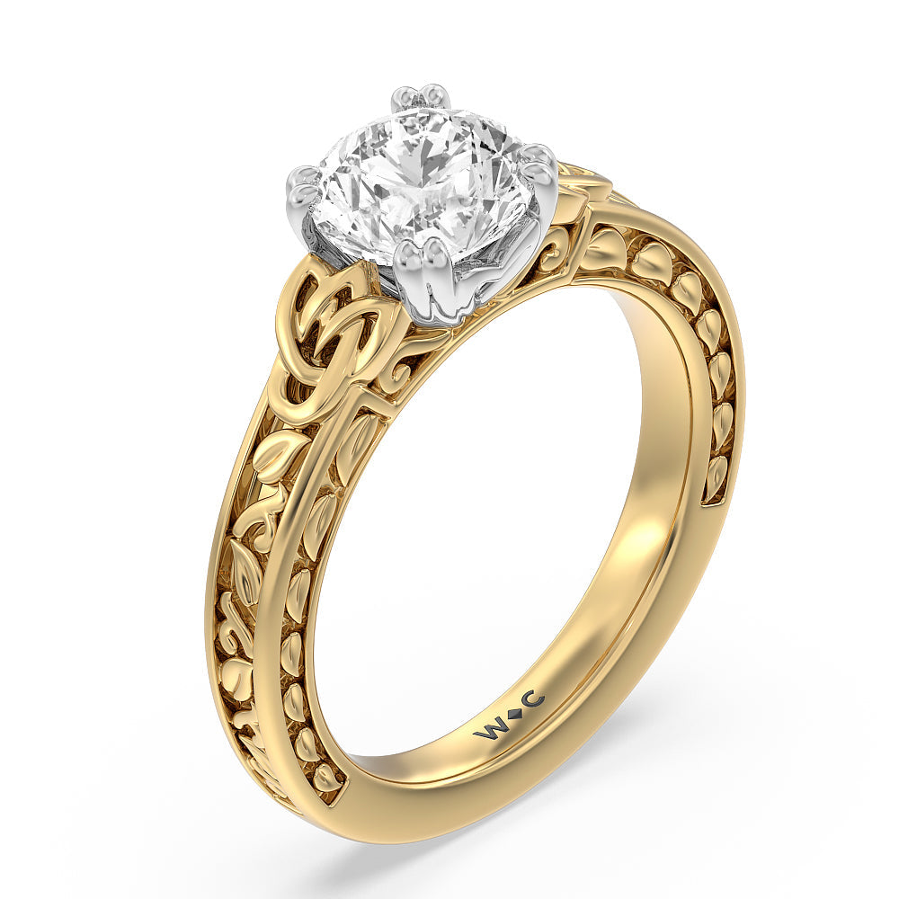 Round Cut Vintage Celtic Engraved Engagement Ring with Lab Grown Diamond in 14KT White & Yellow Gold view 3