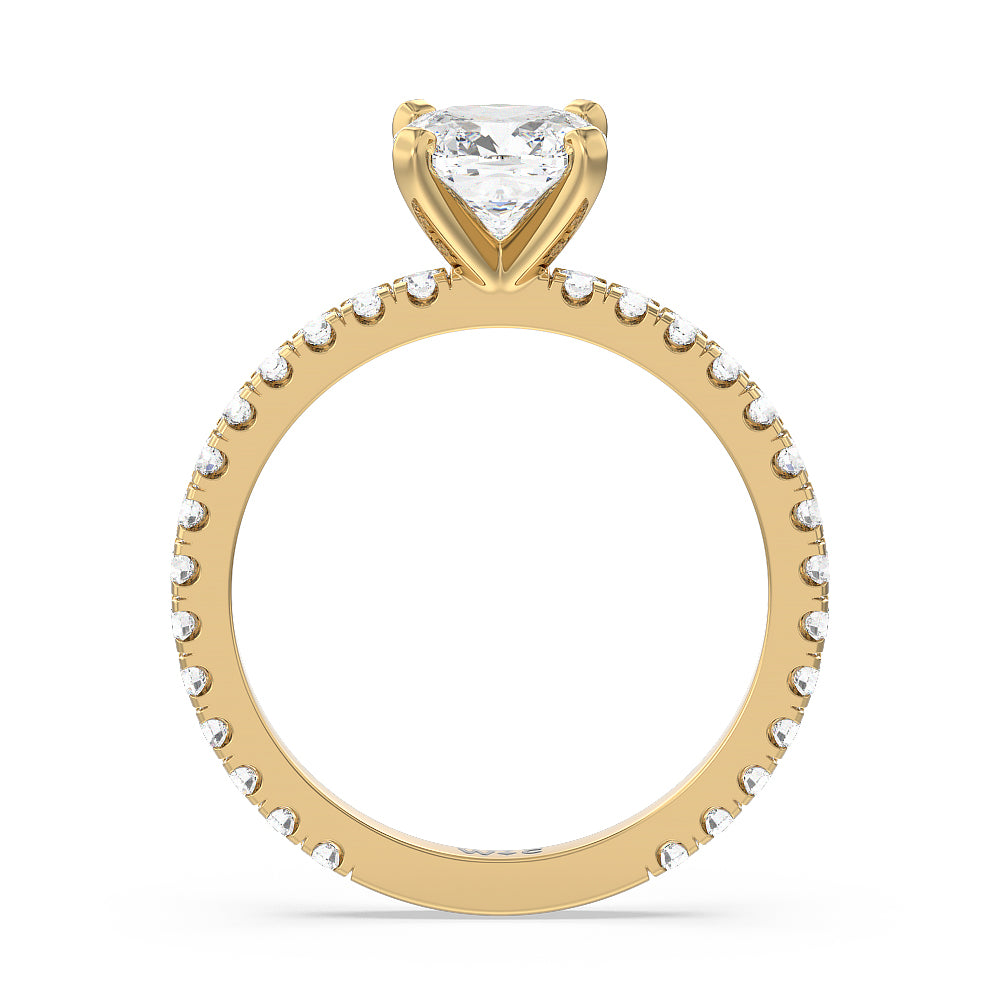 Ara Midi Classic Pave Diamond Engagement Ring with Cushion Cut Diamond in 14KT Yellow Gold view 2