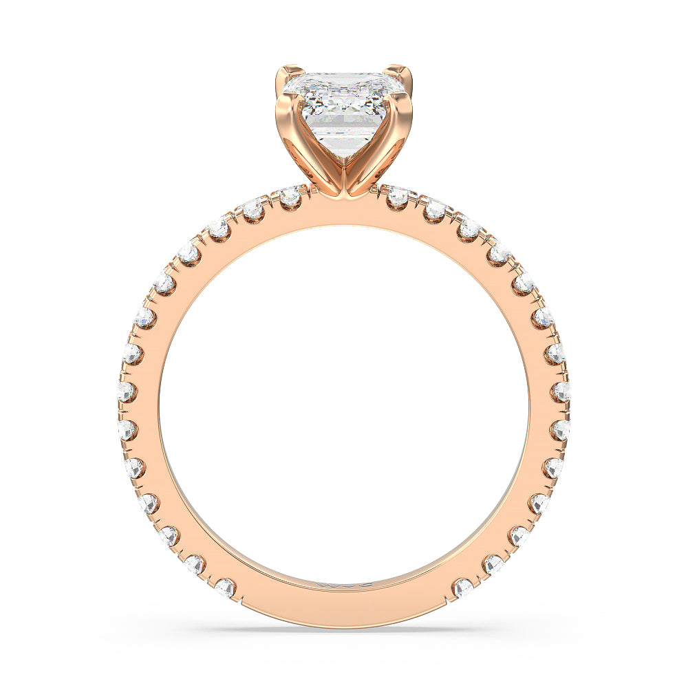 Ara Midi Classic Pave Diamond Engagement Ring with Emerald Cut Diamond in 14KT Rose Gold view 2
