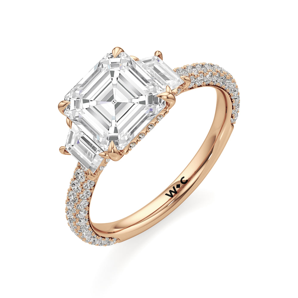 The Amelia Three Stone Engagement Ring with Asscher Cut Diamond in 14KT Rose Gold view 3