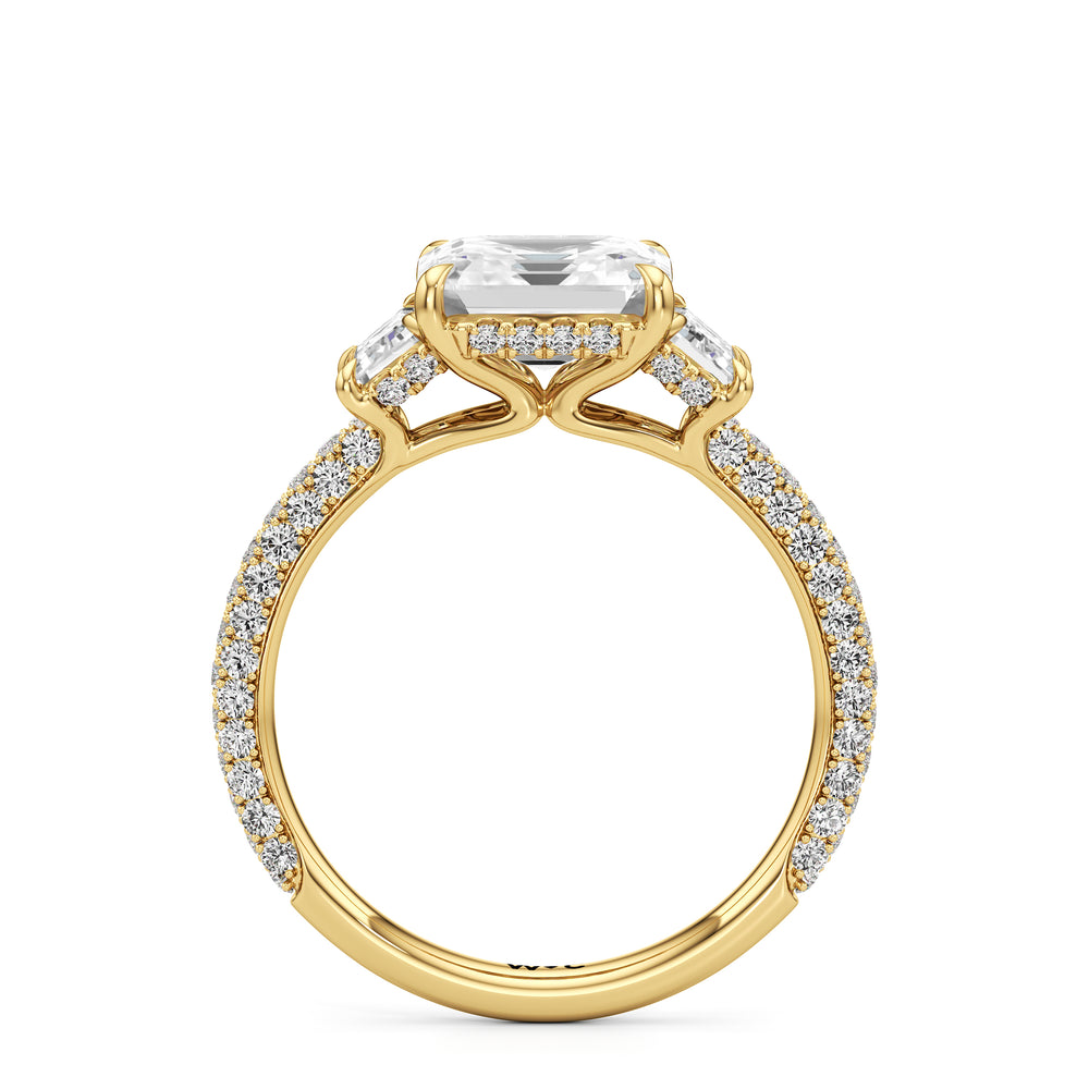 The Amelia Three Stone Engagement Ring with Asscher Cut Diamond in 14KT Yellow Gold view 2