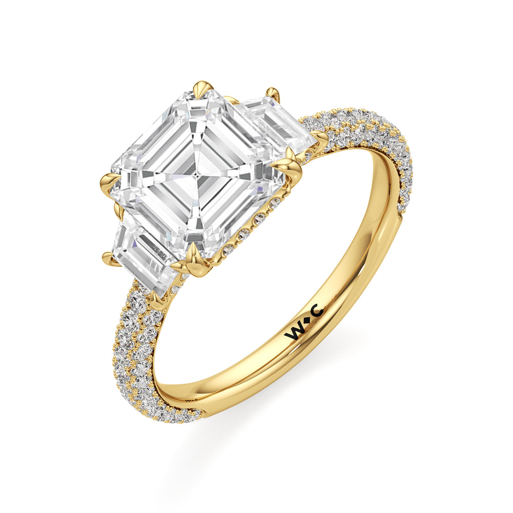 The Amelia Three Stone Engagement Ring with Asscher Cut Diamond in 14KT Yellow Gold view 3