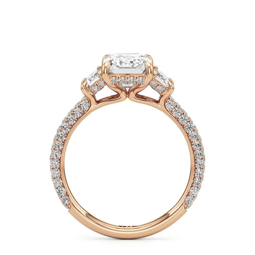 The Amelia Three Stone Engagement Ring with Emerald Cut Diamond in 14KT Rose Gold view 2