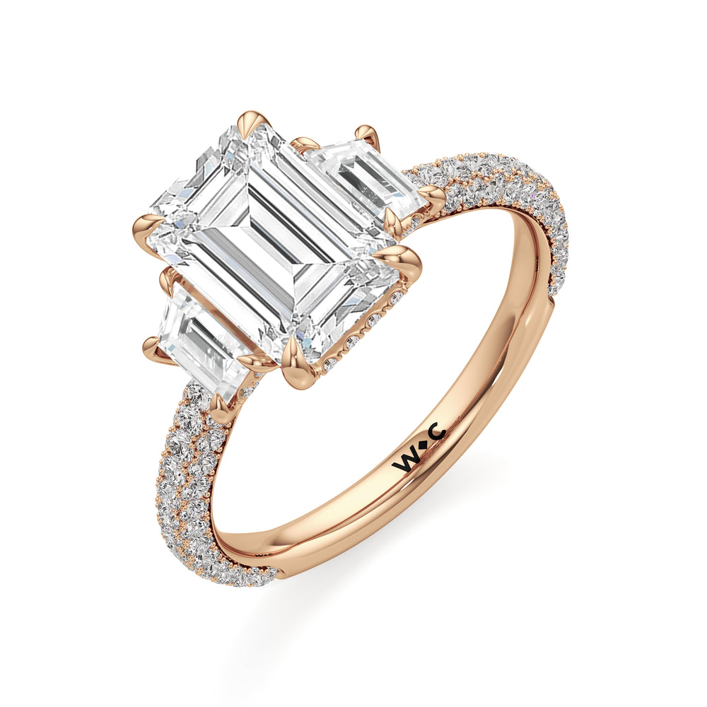 The Amelia Three Stone Engagement Ring with Emerald Cut Diamond in 14KT Rose Gold view 3