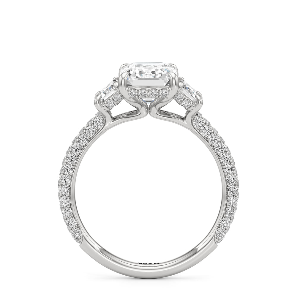 The Amelia Three Stone Engagement Ring with Emerald Cut Diamond in 14KT Platinum view 2
