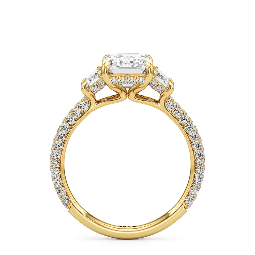 The Amelia Three Stone Engagement Ring with Emerald Cut Diamond in 14KT Yellow Gold view 2
