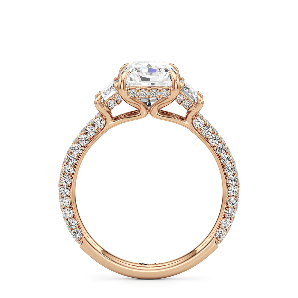 The Amelia Three Stone Engagement Ring with Radiant Cut Diamond in 14KT Rose Gold view 2