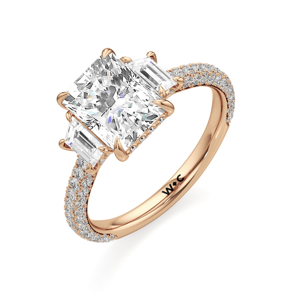 The Amelia Three Stone Engagement Ring with Radiant Cut Diamond in 14KT Rose Gold view 3