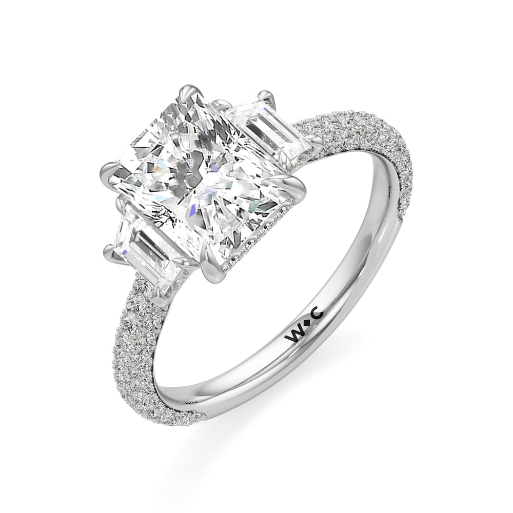 The Amelia Three Stone Engagement Ring with Radiant Cut Diamond in 14KT Platinum view 3