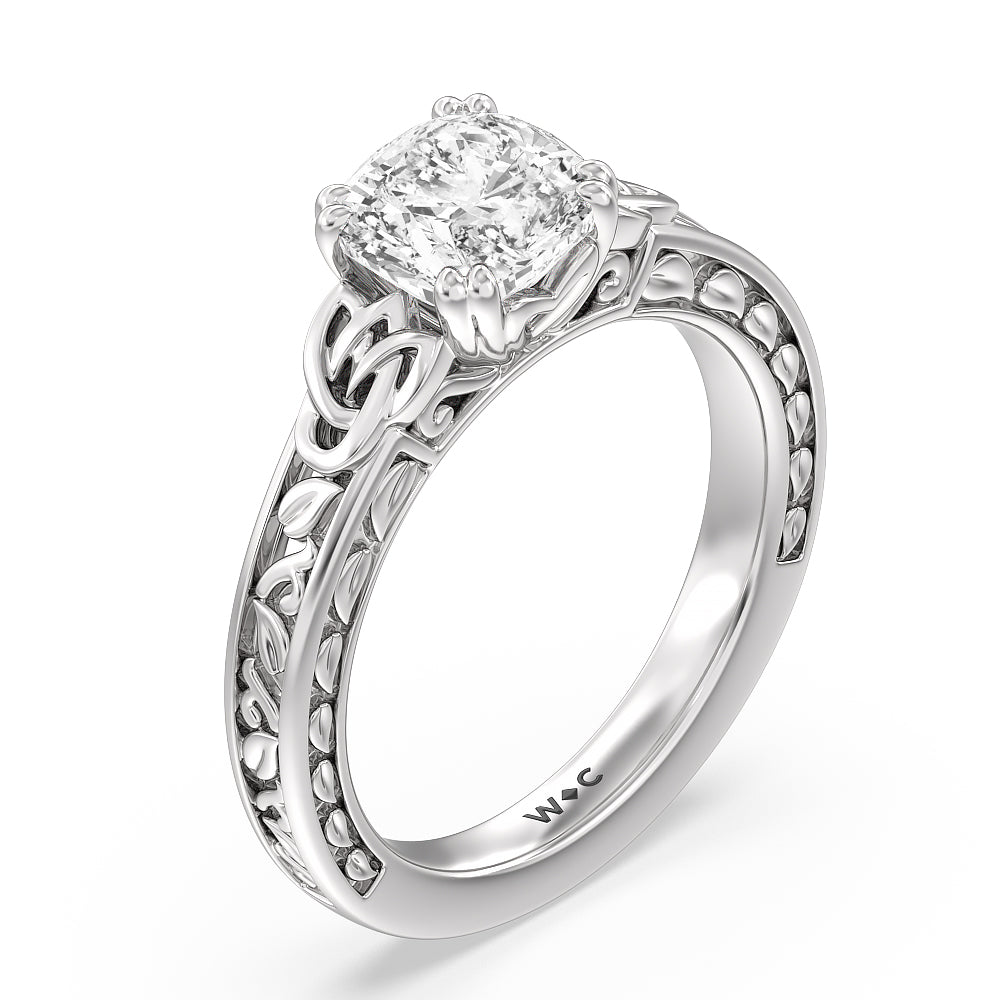 Cushion Cut Vintage Celtic Engraved Engagement Ring with Lab Grown Diamond in 14KT Platinum view 3