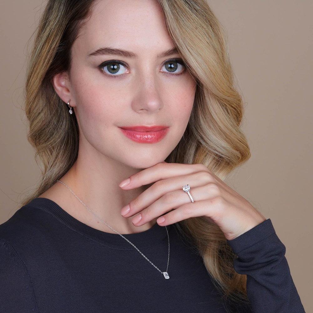 Model Wearing Petite Pave Hidden Halo Engagement Ring with Lab Grown Diamond view