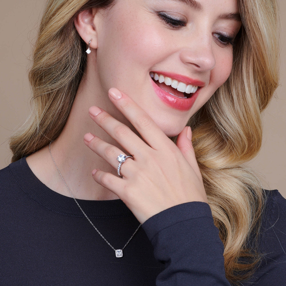 Model Wearing Petite Pave Hidden Halo Engagement Ring with Lab Grown Diamond view