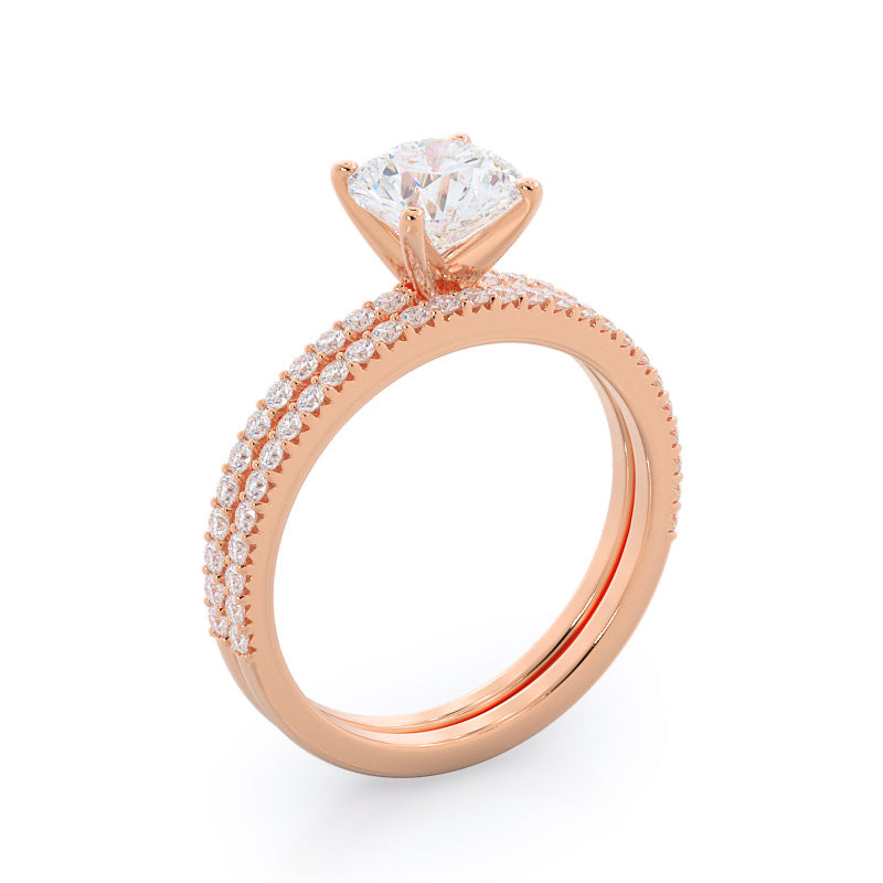 French Cut Pave Diamond Wedding Band with 18KT Rose Gold Cut Diamond in 14KT Rose Gold view 3