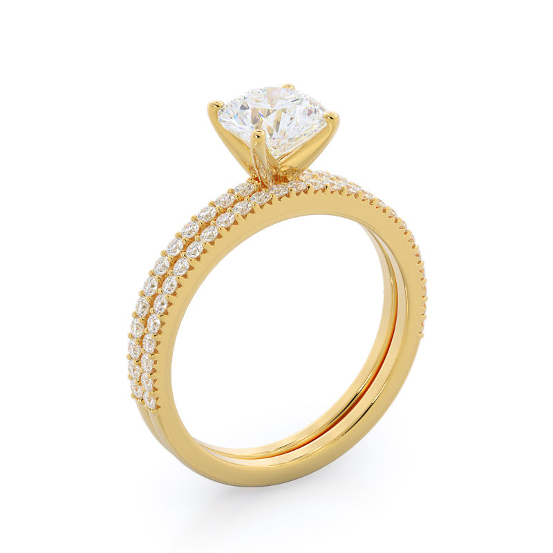 French Cut Pave Diamond Wedding Band with 18KT Yellow Gold Cut Diamond in 14KT Yellow Gold view 3