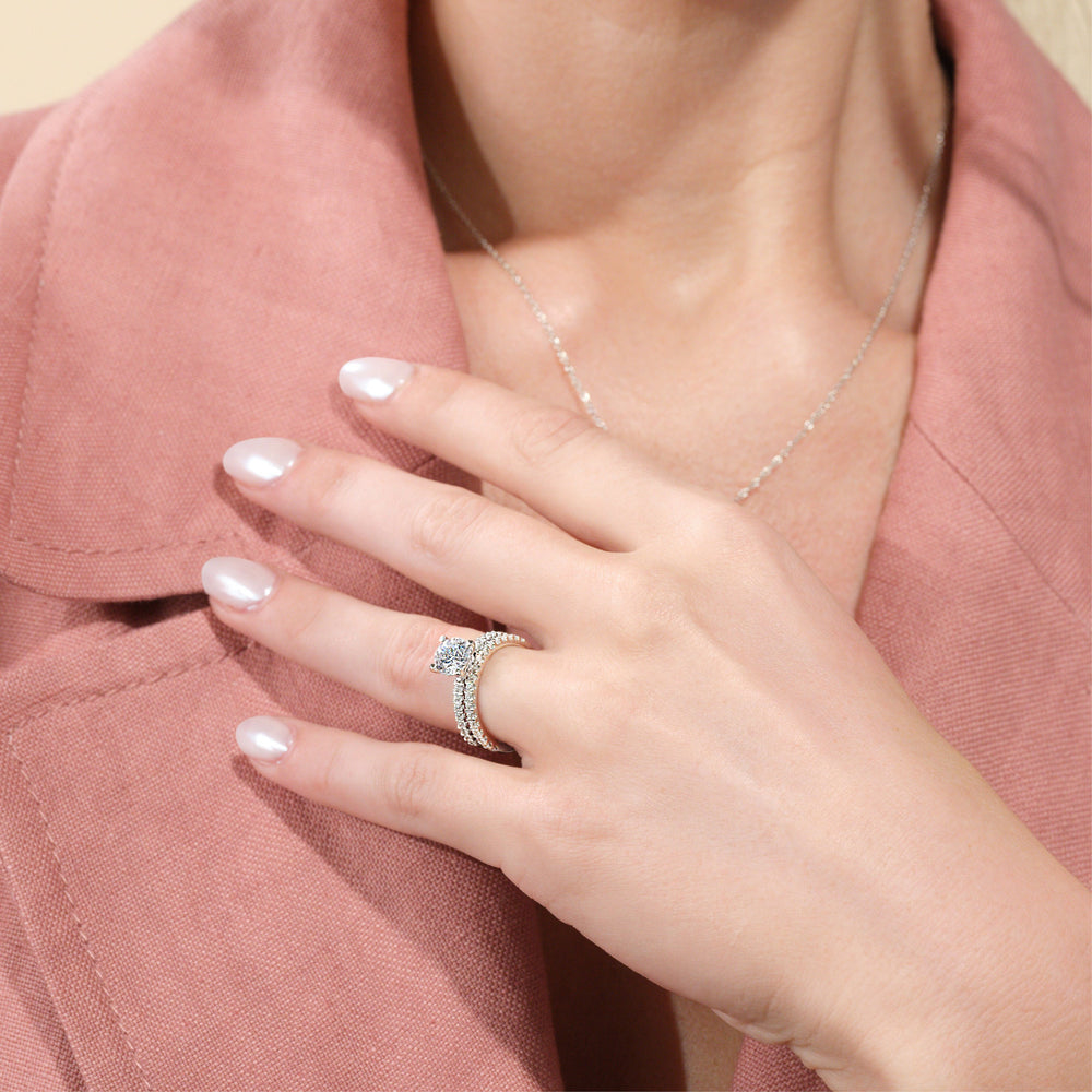 Model Wearing Vela Medi Hidden Halo Diamond Wedding Band view