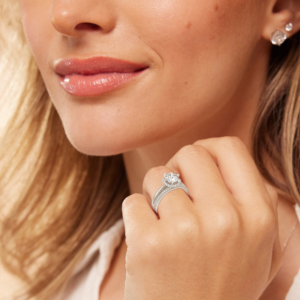 Model Wearing Floral Halo Cathedral Diamond Wedding Band view