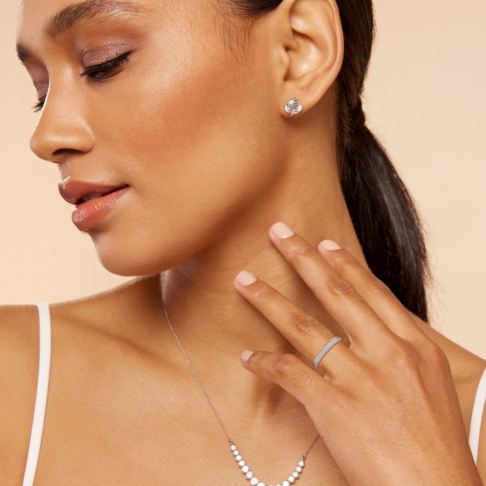 Model Wearing Vintage Pave Knife Edge Cathedral Diamond Wedding Band view