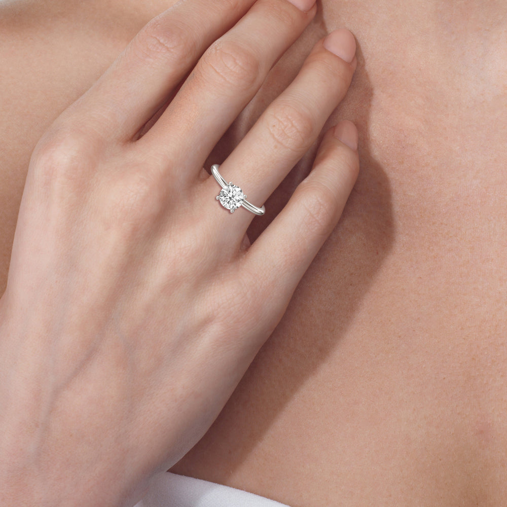Model Wearing Classic Four Prong Solitaire Diamond Engagement Ring with Lab Grown Diamond view