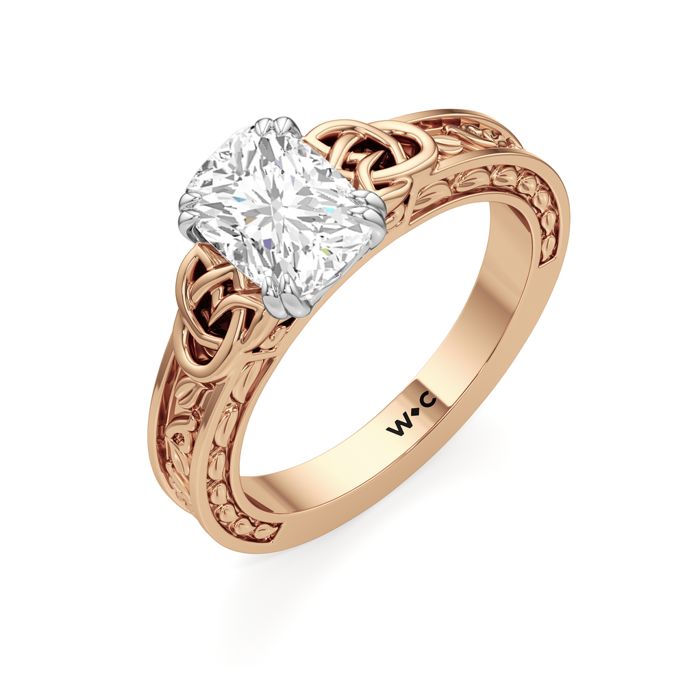 Vintage Celtic Engraved Engagement Ring with Elongated Cushion Cut Diamond in 14KT White & Rose Gold view 4
